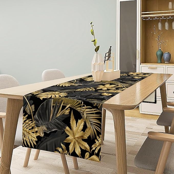 Golden Leaves Table Runner Jungle Black Tropical Plam Tree Retro Boho Hawaii - Image 2