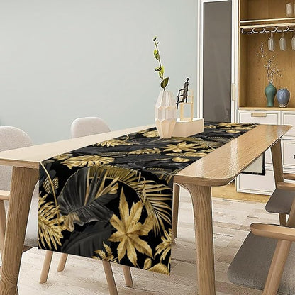 Golden Leaves Table Runner Jungle Black Tropical Plam Tree Retro Boho Hawaii - Image 2