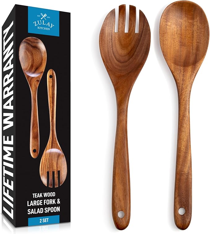 Zulay Kitchen Teak Wood Utensil Set – 2 Piece Large Wooden Salad Serving Spoon by ZulayKitchen