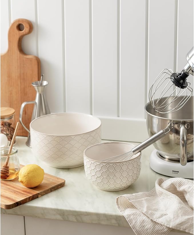 Mikiegy Ceramic Mixing Bowls Set of 2, Nesting Ceramic Embossment Stoneware - Image 3