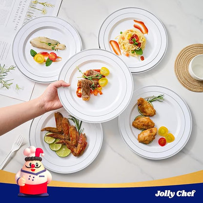 JOLLY CHEF 100 Pieces Silver Plastic Plates, 10 Inch Disposable Plates White Plate with Silver Rim, Heavy Duty Plastic Plates for Christmas, Birthdays and Weddings