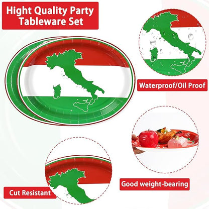 50Pcs Italian Flag Oval Paper Plates 10" x 12" Large Heavy Duty Italian Flag Disposable Dinner Plates Red White and Green Dessert Platters for Pizza Baby Shower Family Gathering Party Decorations