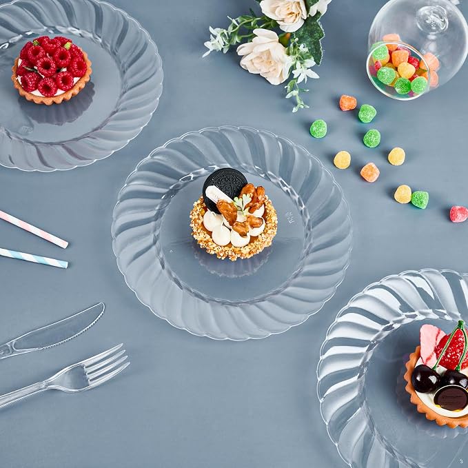 FOCUSLINE 100 Count Clear Plastic Plates 9 Inch, Disposable Heavy Duty Dinner - Image 7