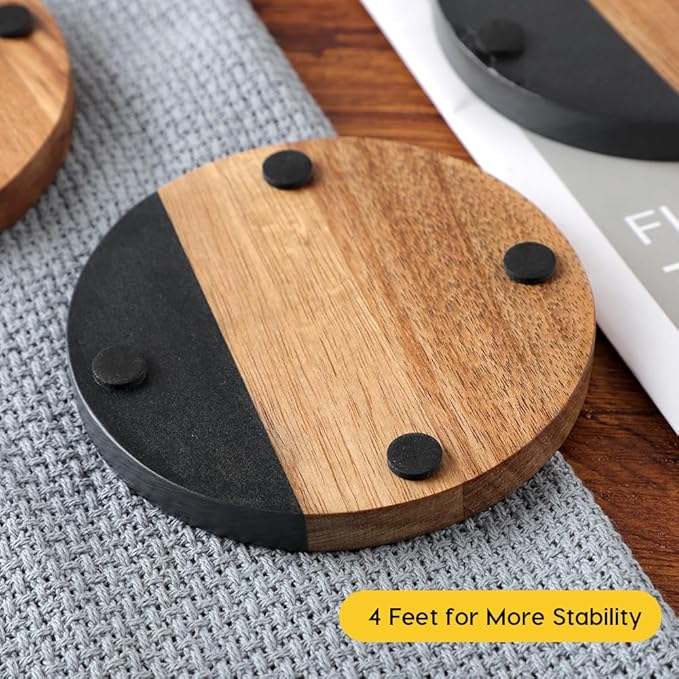 WLWNWFT Marble Acacia Wood Drinks Coasters Set of 4, Modern Rustic Wooden - Image 5