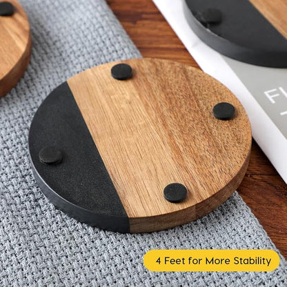 WLWNWFT Marble Acacia Wood Drinks Coasters Set of 4, Modern Rustic Wooden - Image 5