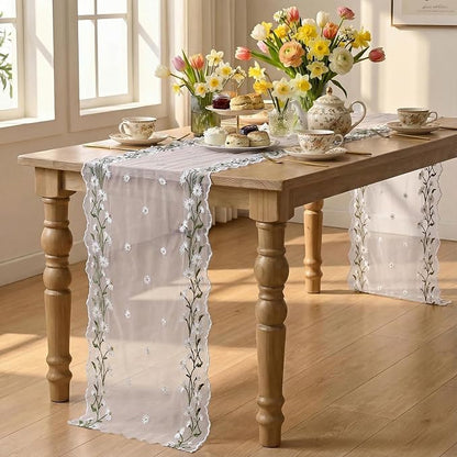 Artoid Mode Daisy Floral Light Pink Shaped Gauze Embroidery Table Runner 120 - Image 4