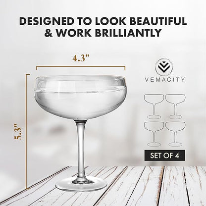 VEMACITY - Elegant Espresso Martini Glasses Set of 4 (10oz) - Classic Coupe Glasses for Martinis, Champagne, Margaritas | Handblown Crystal Cocktail Glassware | Ideal for Martinis and Cocktails