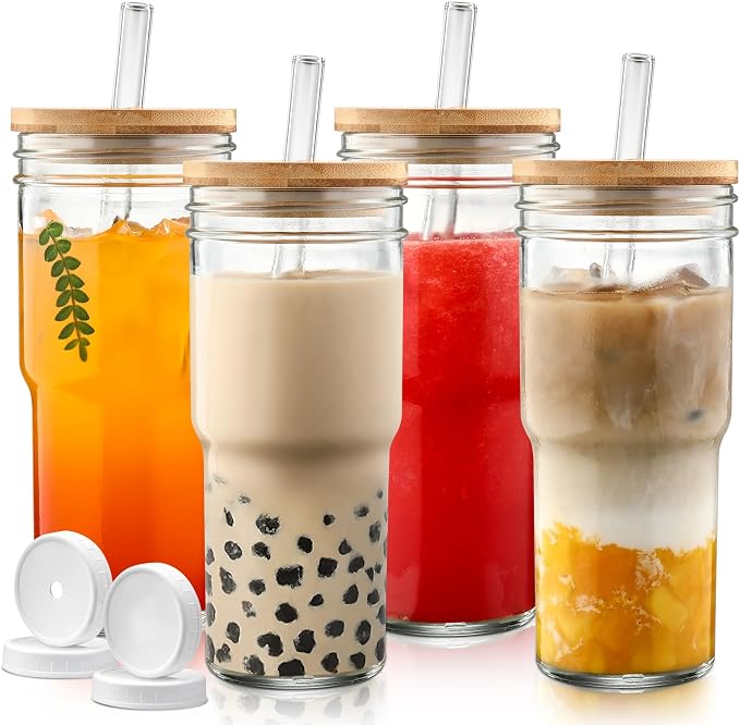 DWTS DANWEITESI Mason Jar with Lid and Straw, 24 oz Iced Coffee Cup with Bamboo by DWTSDANWEITESI