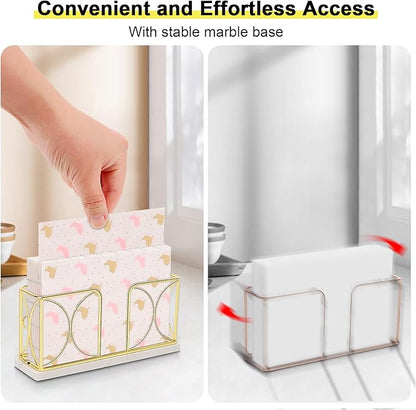Napkin Holder with Marble Base, Guest Towel Paper Dispenser for Table, Modern Metal Napkin Stand, Ideal for All Bathroom Vanity, Kitchen Decor Accessories (Gold, 4 Inch)