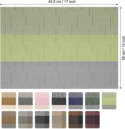 Placemats Set of 4, Vinyl Woven Place Mats Indoor Set of 4 Washable Wipeable PVC Table Mats Heat-Resistant Non Slip Placemat for Kitchen Dining Outdoor Table (Gray Grass Green, Set of 4)