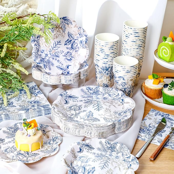 250 Pcs Blue Gold Floral Disposable Paper Plate Napkins | Bridal Shower Wedding - Image 3