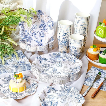 250 Pcs Blue Gold Floral Disposable Paper Plate Napkins | Bridal Shower Wedding - Image 3
