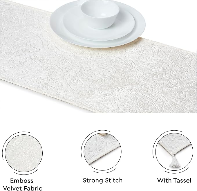 Encasa XO Table Runner, Embossed Velvet, Elegant 13"x72" | Cream, 175 GSM - Image 3