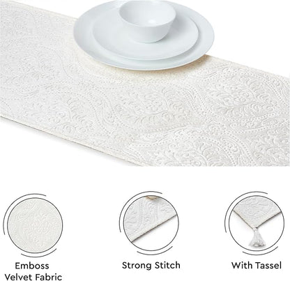 Encasa XO Table Runner, Embossed Velvet, Elegant 13"x72" | Cream, 175 GSM - Image 3