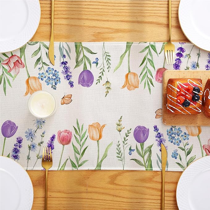Spring Floral Table Runner Decorations, Tulip and Lavender Farmhouse Table Scarf - Image 6