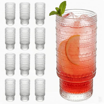 Large Capacity 16 oz Hobnail Drinking Glasses Set of 12, Vintage Glassware by Cowjut