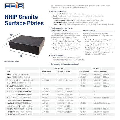 HHIP 4401-0014 Black Granite Surface Plate, Grade B, Ledge 0, 36" Length x 24" Width x 4" Height, +/0002" Accuracy, 495 lb. Weight