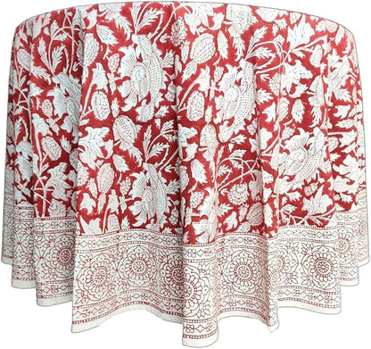 ATOSII Meraki Red 100% Cotton Round Tablecloth, Handblock Print Floral Table Cloth for Kitchen Dining Linen I Parties, Weddings, Outdoors I 60" Inches Round I 4 Seater