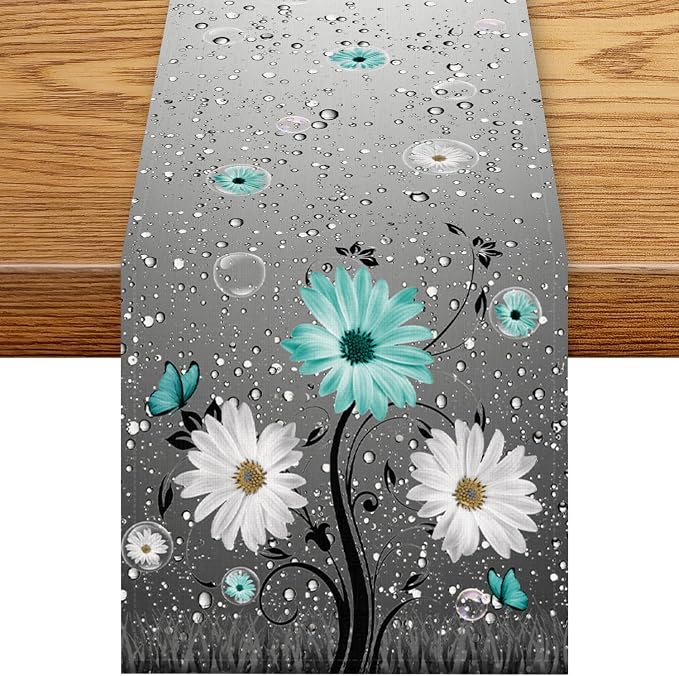 Teal Daisy Floral Table Runner, Rustic Boho Farmhouse Spring Floral Flower Boho by Unknown