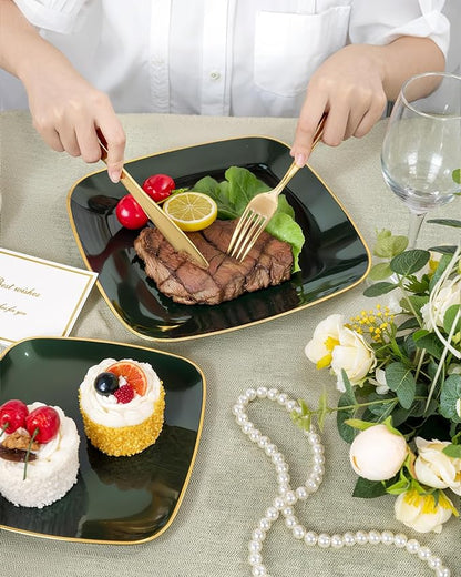 bUCLA 50PCS Green and Gold Plastic Plates - Green Gold Square Plastic Disposable Include 25 Each (Dinner & Dessert) Plates, Ideal for Party & Christmas