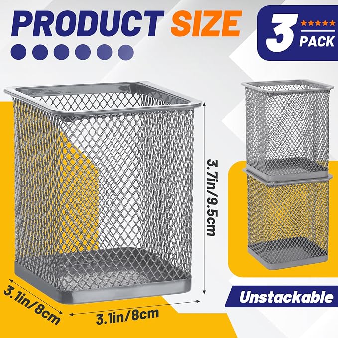Segarty Pen Holder, 3 Pack Square Silver Pencil Holder - Image 2
