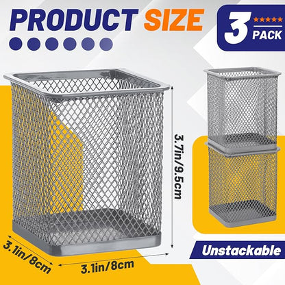 Segarty Pen Holder, 3 Pack Square Silver Pencil Holder - Image 2