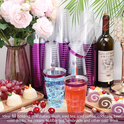 Patelai 100 Pcs 16oz Plastic Cups Disposable Rimmed Cups Heavy Duty Drinking Wine Glasses for Christmas Winter Birthday Beer Taste Serving Snack Sample Tastings Barbecues Picnic(Purple)