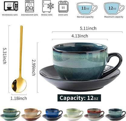 Porcelain Coffee Cup with Saucer Spoon, Vintage Design Ceramic Latte Art - Image 2
