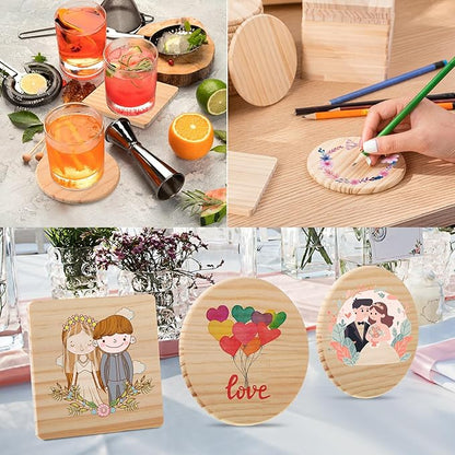 Hushee 72 Pcs Unfinished Wood Coasters 4 Inch Blank Wooden Coasters for Crafts with Non Slip Foam Pad Stickers Wooden Craft Tabletop Protection for Christmas DIY Painting Engraving Home Decoration