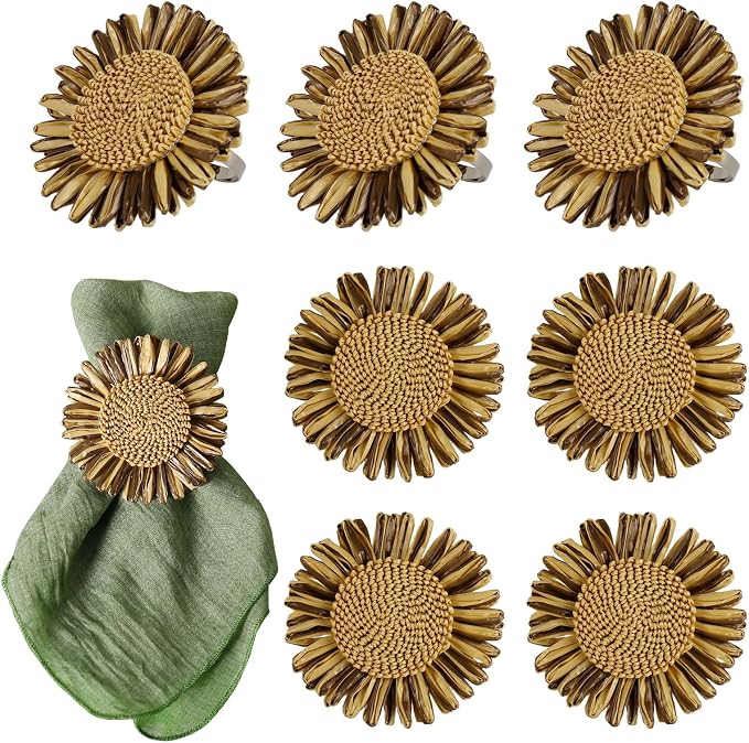 Handmade Sunflower Napkin Rings Set of 8, Bronze Raffia Daisy Napkin Ring by wonlex