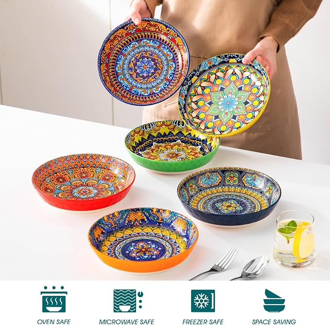 vancasso 32 Oz Pasta Bowls, Porcelain Large Colorful Salad Soup Bowls Set of 6 - Image 4