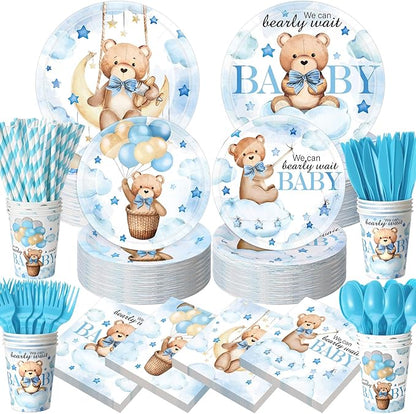 450 Pcs Blue Bear Baby Shower Tableware Set Decorations, Serves 50 | We Can by Unknown