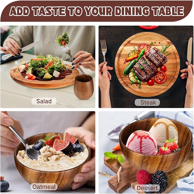 16 Pcs Acacia Wood Dinnerware Set, Round Wooden Plates, Solid Wooden Bowls and - Image 5