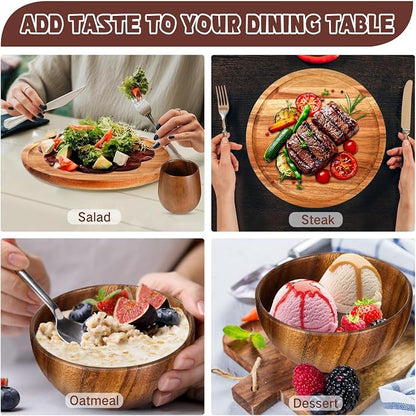 16 Pcs Acacia Wood Dinnerware Set, Round Wooden Plates, Solid Wooden Bowls and - Image 5