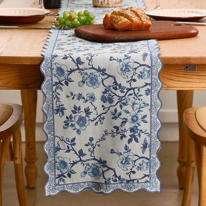 HunnmingRe 71x12 Inch Chinoiserie Table Runner Blue and White Floral Table by HunnmingRe