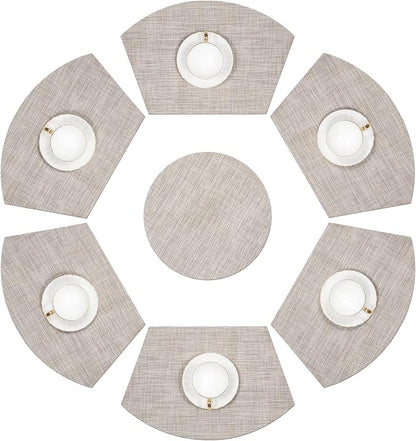SHACOS Round Table Placemats Set of 7 Wedge Placemats with Centerpiece Round Mats Heat Resistant Washable (7, Beige White Black)
