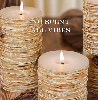 Birch Bark Texture Pillar Candles Set - Real Wax 3 Sizes (4", 5", 6" Tall) Rustic Decor Fireplace Candles, Unscented Woodland Style Pillar Candle for Modern Farmhouse, Dining Table, Holiday Decor