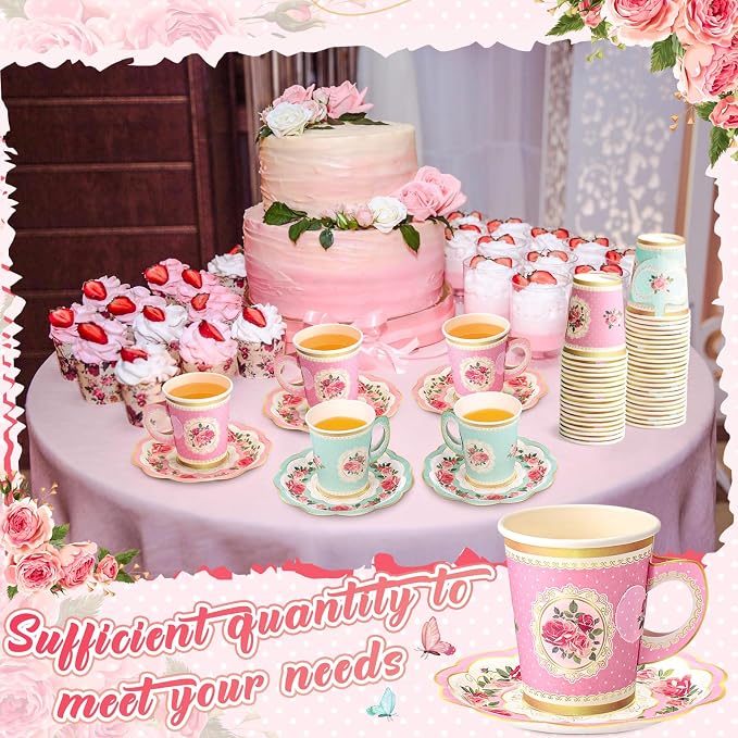 Tioncy 100 Pcs Tea Party Decorations Include 50 Pieces 9 oz Paper Tea Cups - Image 5