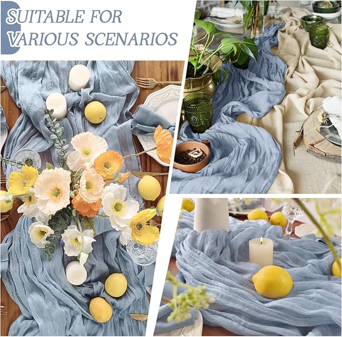 3 Pack Dusty Blue Cheesecloth Table Runner 17x108 Inch Semi Sheer Boho Gauze - Image 4