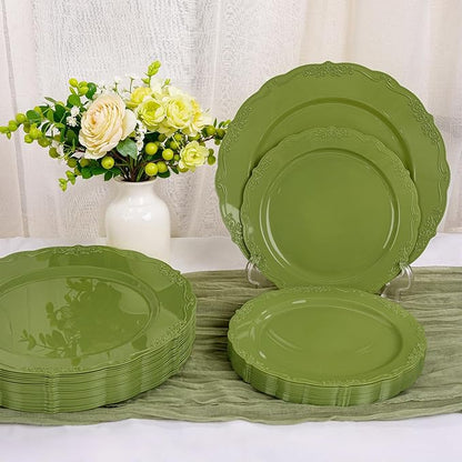 U-QE 100PCS Olive Green Plastic Plates - Plastic Green Plates Disposable Heavy Duty - Olive Disposable Plates for Party Including 50PCS 10'' Dinner & 50PCS 7.5'' Dessert Plate