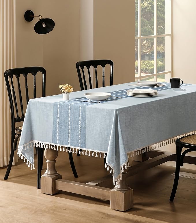 ZeeMart Contrast Linen Table Cloth Rectangle Table Cloths 60x84 Inch Blue, Farmhouse Style Heavy Weight Blue Tablecloth, Water Resistant Burlap Tablecloths