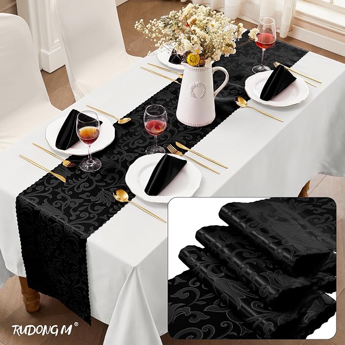 RUDONG M Black Satin Table Runners, 12 x 108 Inch, 12 Pack | Long Silky Damask - Image 2