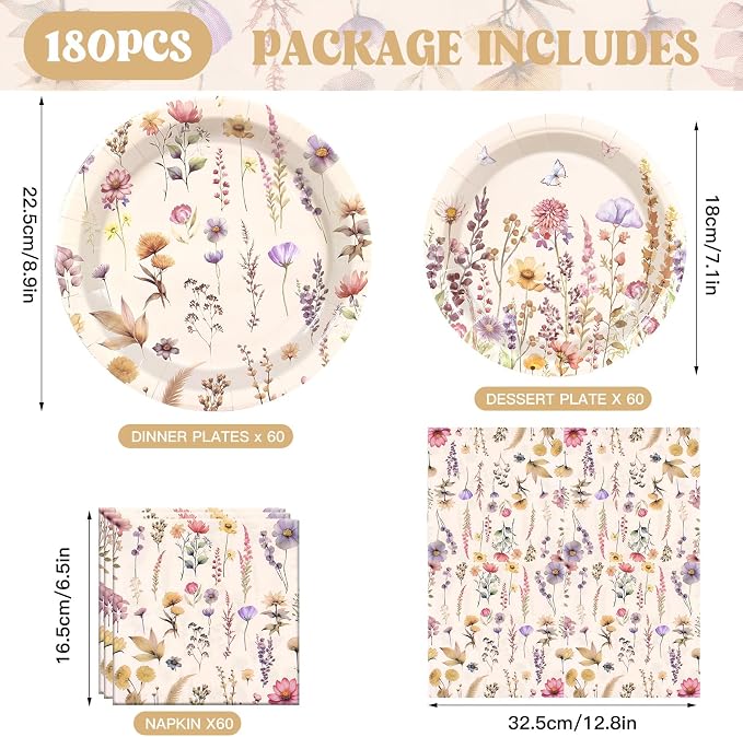 Vintage Wildflower Paper Plates Napkins party Supplies, Serve 60 | 180 Pcs - Image 2