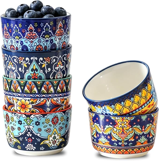 4 oz Ramekins Oven Safe Set of 6, Ceramic Sauce Cups, Bohemian | Ideal by Tikooere