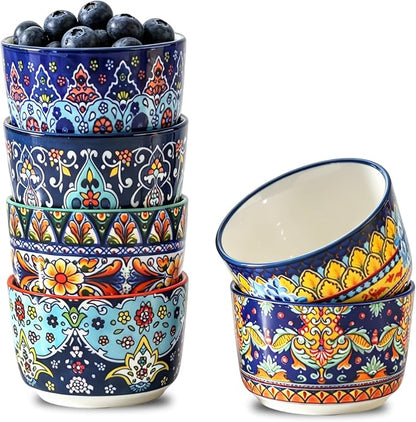 4 oz Ramekins Oven Safe Set of 6, Ceramic Sauce Cups, Bohemian | Ideal by Tikooere