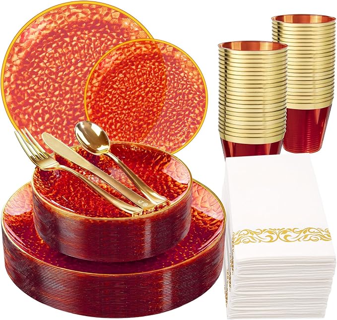 Rubtlamp 175 Pcs Plastic Dinnerware Set, Hammered Party Plates Set Include by Rubtlamp