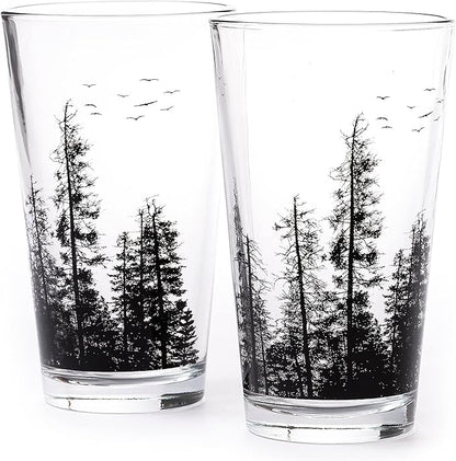 Black Lantern Nature Themed Pint Glasses Set of 2 – Pine Tree Forest Landscape Hand-Printed Beer Glass Set - 16oz. Capacity
