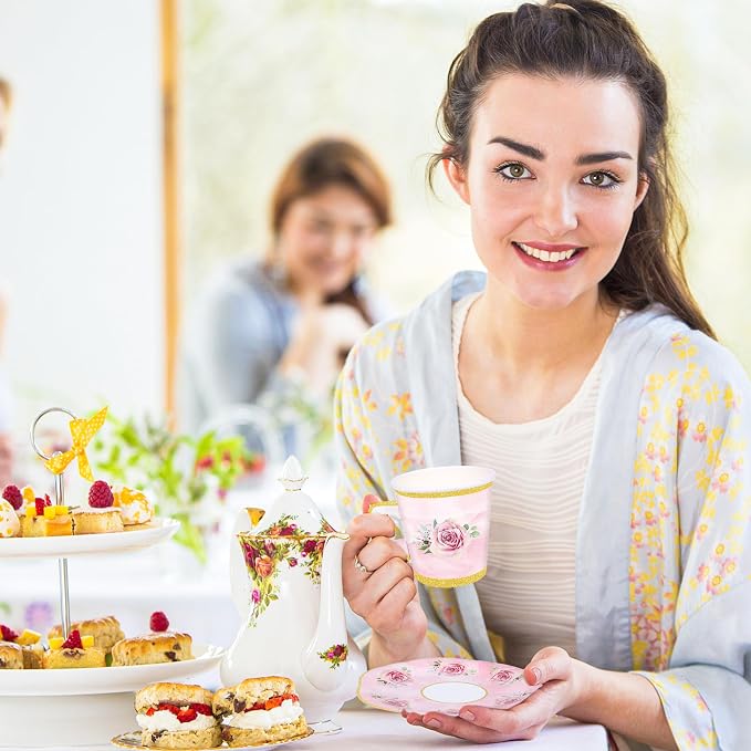 100 Pcs Paper Tea Cups and Plates Pink Floral Disposable Paper Teacups and - Image 5