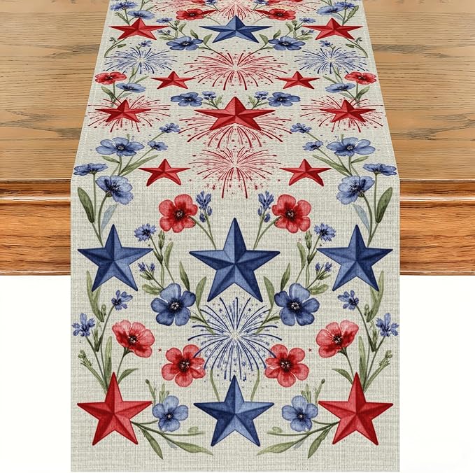 Patriotic Stars Table Runner Independence Day Linen Style Celebration Design by Peconal