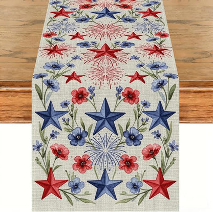 Patriotic Stars Table Runner Independence Day Linen Style Celebration Design by Peconal